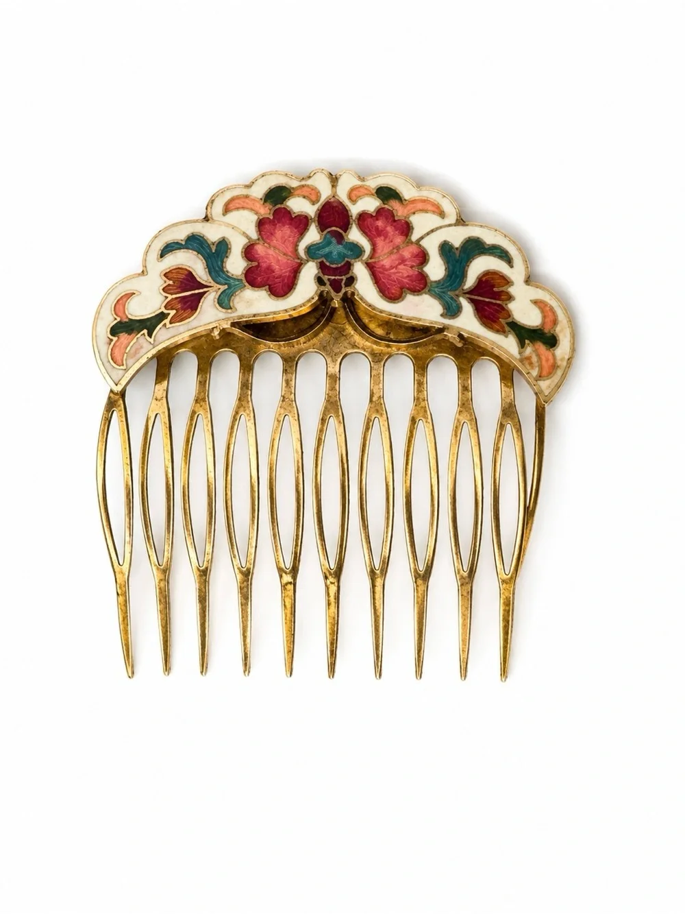Vintage 1970s Cloisonné Floral Hair Combs Pair Gold Tone Enamel